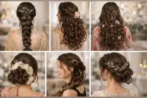Collage of six elegant bridal hairstyle ideas arranged in a 16:9 grid with clear white borders, featuring long brown hair styled in braids, loose curls, and soft updos decorated with delicate floral and pearl hair accessories.
