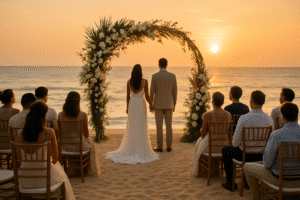 Destination Weddings in Sri Lanka: How to Plan for Your Overseas Guests | Sunset beach wedding in Sri Lanka with a bride and groom standing beneath a minimalist white floral arch facing the ocean, small group of seated guests on the sand, warm golden light.