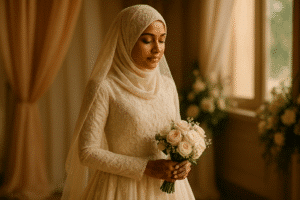 A Sri Lankan Muslim bride stands gracefully in warm golden light, wearing an ivory lace gown with a matching embroidered hijab. She holds a bouquet of white and blush roses, her henna-adorned hands visible, with soft drapes and floral décor in the background creating a serene, elegant atmosphere.