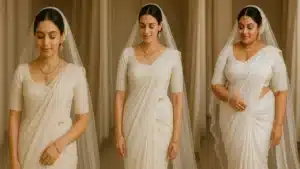 Saree Draping for tall, petite and curvy, ultimate guide, three brides wearing same wedding saree