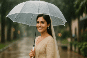 rainy season | A Sri Lankan bride stands outdoors under a clear umbrella during light rain, wearing an elegant embroidered ivory saree and veil, smiling softly as raindrops fall around her. The background shows a blurred garden path with warm bokeh lights.