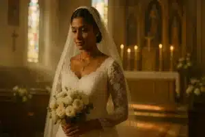 A Tamil Catholic bride in Sri Lanka stands gracefully inside a softly lit church, wearing a white lace gown with a long veil and holding a bouquet of white roses. Warm sunlight filters through stained-glass windows, illuminating the golden altar behind her, creating a serene and sacred atmosphere.