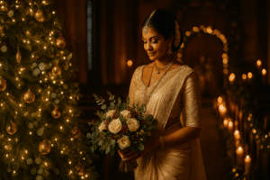 Christmas Wedding | A Sri Lankan bride wearing an elegant ivory and gold saree stands indoors beside a warmly lit Christmas tree decorated with golden ornaments and fairy lights. She holds a festive bouquet of white roses, red berries, and greenery while softly smiling and looking down. The background features candles and blurred warm lights, creating a romantic Christmas-season wedding atmosphere.