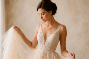 Colour | A bride in a soft, romantic setting holds the sheer tulle of her ivory-champagne lace gown, featuring a deep V-neckline and delicate floral detailing. She looks down gently, with her hair styled in a classic low updo, illuminated by natural daylight against a muted beige background.