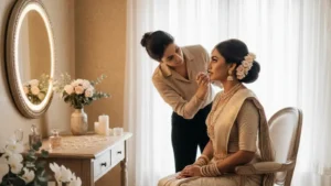 A Sri Lankan bride sits gracefully in a softly lit room while a makeup artist applies her lipstick. She wears an elegant ivory Kandyan-style outfit with layered jewellery and floral hair adornments. A vintage dressing table with flowers, candles, and a glowing oval mirror completes the serene bridal preparation scene.