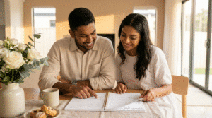 getting married | Young Sri Lankan bride and groom seated at a wooden dining table, smiling as they review an upside-down wedding planner together in a sunlit modern home, planning their 2026 wedding.
