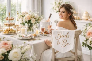 bridal shower | Bride-to-be seated at an elegant bridal shower table, smiling and holding a glass, surrounded by soft pastel décor, fresh florals, brunch food, and a “Bride to Be” chair sign in natural daylight.