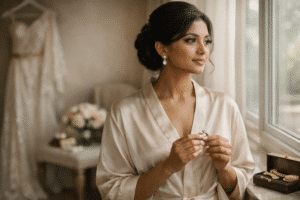 wedding | Sri Lankan bride standing by a window in a satin robe, holding her engagement ring in soft natural light during wedding preparations.