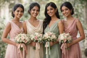 Colors | Four bridesmaids standing together in soft daylight, wearing coordinated blush, champagne, sage green, and dusty rose dresses, each holding pastel rose bouquets at a garden wedding setting.