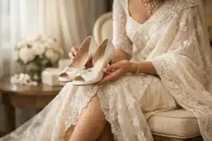 wedding shoes | Sri Lankan bride seated in a bridal suite holding ivory pointed-toe wedding heels, softly lit in an elegant bridal editorial setting.