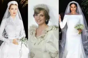 Famous | Grace Kelly, Princess Diana, and Meghan Markle on their wedding days, shown side by side to illustrate the evolution of royal bridal style from 1956 to 2018, highlighting lace elegance, romantic volume, and modern minimalist design.