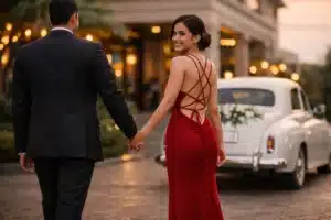 Dress | Sri Lankan bride wearing a fitted red lace-up back evening gown walking hand in hand with her groom toward a vintage white car during a golden hour wedding exit at a luxury hotel.