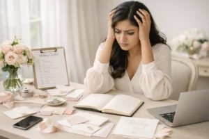 Worried bride planning her wedding with hands on her head, sitting at a table with a wedding checklist, notebook, invitations, fabric swatches, and laptop.