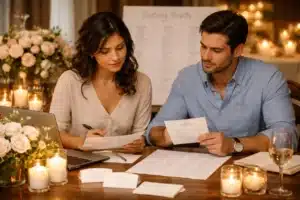 plus ones | Couple in casual attire reviewing wedding guest lists and invitations at a candlelit table, surrounded by floral arrangements and seating plans, thoughtfully planning their wedding details in a warm indoor setting.