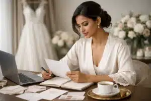 Decision | Sri Lankan bride seated at a table reviewing wedding plans with a laptop, notebook, fabric swatches, and invitation samples, with a bridal gown and soft floral décor blurred in the background.