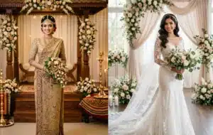Traditions | Kandyan bride with minimal floral hairstyle beside Western bride in white gown showcasing two wedding styles