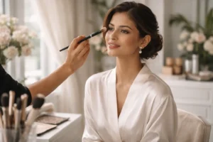 bridal makeup | Sri Lankan bride in a silk robe sitting at a vanity as a makeup artist applies soft, natural makeup, with warm daylight and minimal beauty products creating a calm, elegant setting.