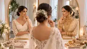 bridal accessories | Sri Lankan bride standing in front of a mirror comparing two looks—one with minimal jewellery and the other with heavy layered bridal accessories—inside an elegant, softly lit dressing room.