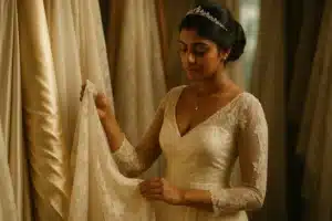 Sri Lankan bride in an ivory lace gown examining silk and chiffon fabrics in soft natural light, surrounded by warm-toned fabric rolls inside a bridal boutique.