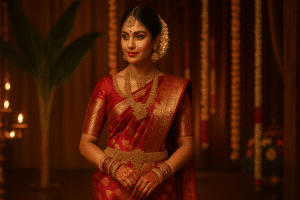A Tamil bride wearing a deep red Kanchipuram silk saree with gold zari borders stands gracefully in a softly lit traditional hall. She is adorned with intricate gold temple jewellery, jasmine flowers in her hair, and mehendi on her hands. Brass lamps and marigold garlands decorate the warm, elegant background.