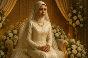 Malay Muslim bride in Sri Lanka wearing an ivory baju kurung with gold embroidery, lace hijab, and veil, seated gracefully on a floral wedding throne with pastel flowers and golden drapes under warm lighting.