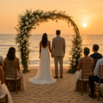 Destination Weddings in Sri Lanka: How to Plan for Your Overseas Guests | Sunset beach wedding in Sri Lanka with a bride and groom standing beneath a minimalist white floral arch facing the ocean, small group of seated guests on the sand, warm golden light.