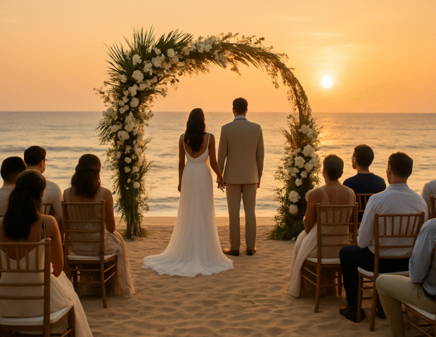 Destination Weddings in Sri Lanka: How to Plan for Your Overseas Guests | Sunset beach wedding in Sri Lanka with a bride and groom standing beneath a minimalist white floral arch facing the ocean, small group of seated guests on the sand, warm golden light.