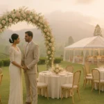 A Sri Lankan couple stands beneath a floral arch in Sri Lanka’s Hill Country, surrounded by misty tea estates and warm sunset light — an elegant outdoor destination wedding scene.
