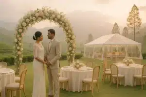 A Sri Lankan couple stands beneath a floral arch in Sri Lanka’s Hill Country, surrounded by misty tea estates and warm sunset light — an elegant outdoor destination wedding scene.