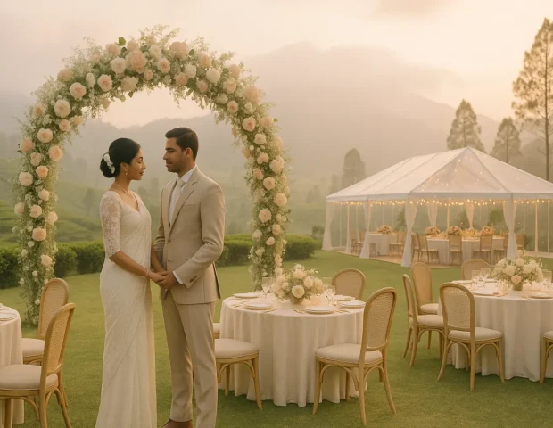 A Sri Lankan couple stands beneath a floral arch in Sri Lanka’s Hill Country, surrounded by misty tea estates and warm sunset light — an elegant outdoor destination wedding scene.