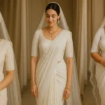 Saree Draping for tall, petite and curvy, ultimate guide, three brides wearing same wedding saree