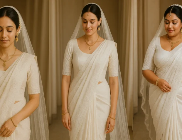 Saree Draping for tall, petite and curvy, ultimate guide, three brides wearing same wedding saree