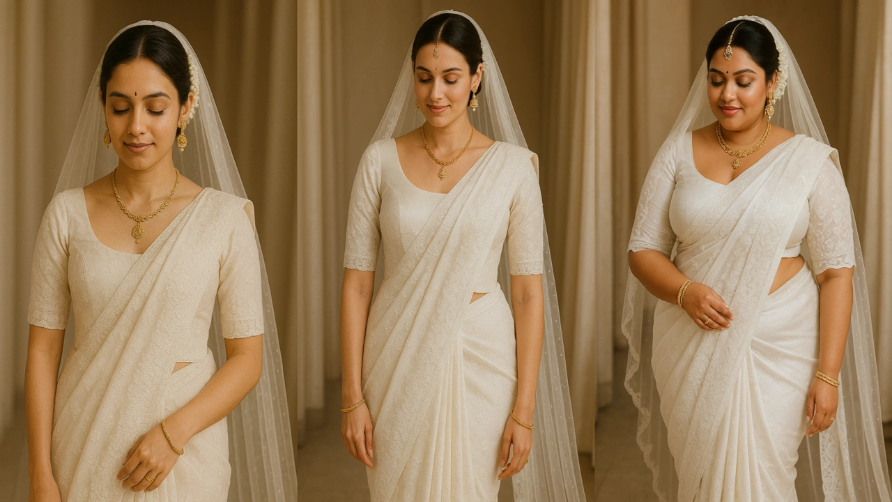 Saree Draping for tall, petite and curvy, ultimate guide, three brides wearing same wedding saree