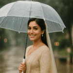 rainy season | A Sri Lankan bride stands outdoors under a clear umbrella during light rain, wearing an elegant embroidered ivory saree and veil, smiling softly as raindrops fall around her. The background shows a blurred garden path with warm bokeh lights.