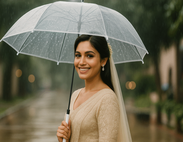 rainy season | A Sri Lankan bride stands outdoors under a clear umbrella during light rain, wearing an elegant embroidered ivory saree and veil, smiling softly as raindrops fall around her. The background shows a blurred garden path with warm bokeh lights.