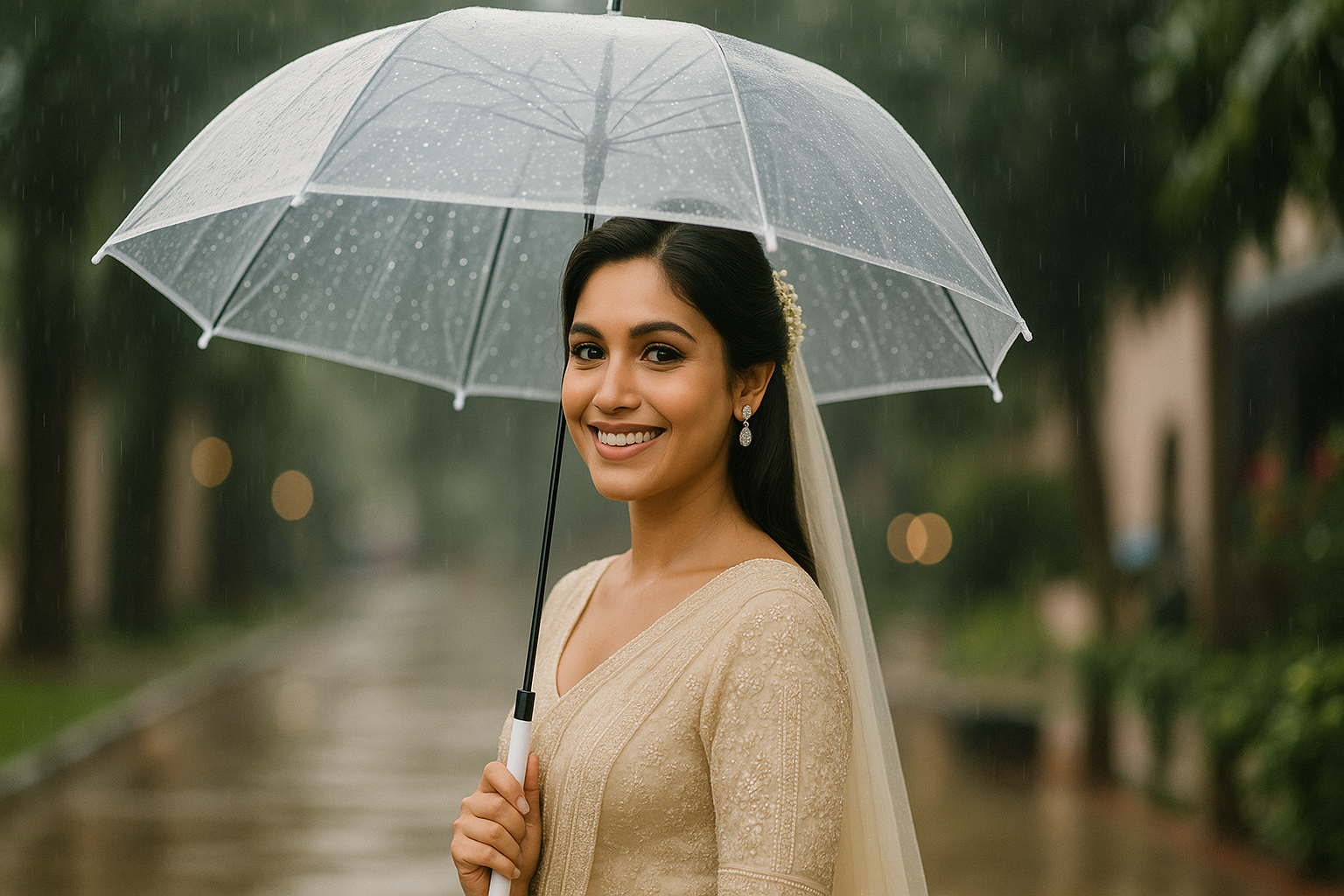 rainy season | A Sri Lankan bride stands outdoors under a clear umbrella during light rain, wearing an elegant embroidered ivory saree and veil, smiling softly as raindrops fall around her. The background shows a blurred garden path with warm bokeh lights.