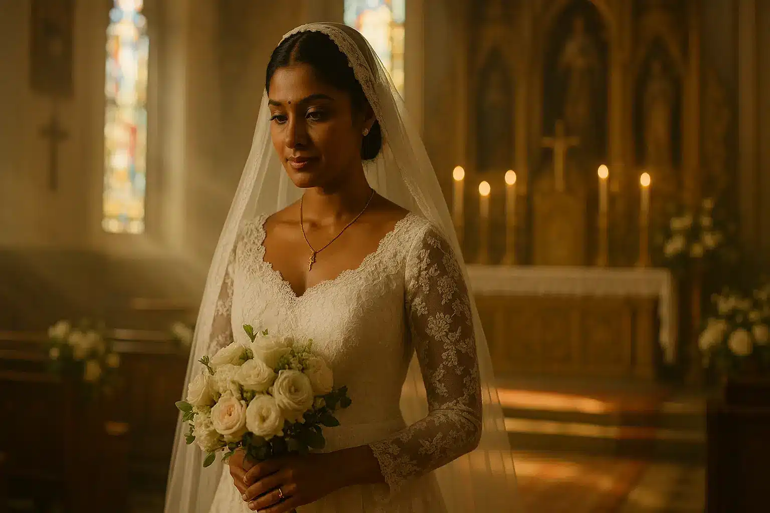 A Tamil Catholic bride in Sri Lanka stands gracefully inside a softly lit church, wearing a white lace gown with a long veil and holding a bouquet of white roses. Warm sunlight filters through stained-glass windows, illuminating the golden altar behind her, creating a serene and sacred atmosphere.