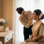 A Sri Lankan bride sits gracefully in a softly lit room while a makeup artist applies her lipstick. She wears an elegant ivory Kandyan-style outfit with layered jewellery and floral hair adornments. A vintage dressing table with flowers, candles, and a glowing oval mirror completes the serene bridal preparation scene.