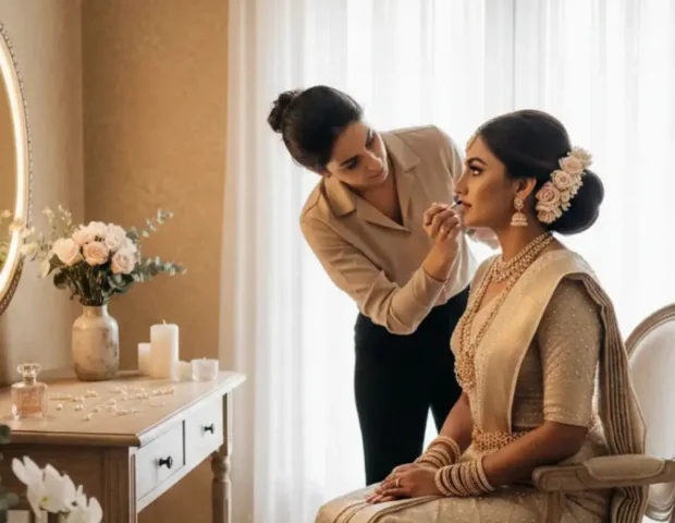 A Sri Lankan bride sits gracefully in a softly lit room while a makeup artist applies her lipstick. She wears an elegant ivory Kandyan-style outfit with layered jewellery and floral hair adornments. A vintage dressing table with flowers, candles, and a glowing oval mirror completes the serene bridal preparation scene.