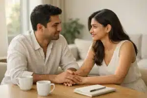 Happily Ever After | A newly engaged Sri Lankan couple sit at a light wooden table in a modern home, holding hands and sharing a calm, intimate conversation in soft natural daylight, reflecting emotional connection and readiness for married life.