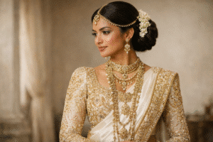 blouses | Sri Lankan bride wearing an ivory silk saree with a modern high-neck bridal blouse featuring illusion net detailing, fine gold embroidery, and elegant layered jewellery, styled in a sleek low bun with jasmine accents.