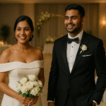A joyful modern Sri Lankan bride and groom standing together in a softly lit hotel ballroom decorated with white flowers and candles, capturing the elegant and intimate atmosphere of a weekday wedding.