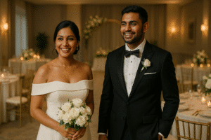A joyful modern Sri Lankan bride and groom standing together in a softly lit hotel ballroom decorated with white flowers and candles, capturing the elegant and intimate atmosphere of a weekday wedding.