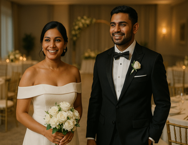 A joyful modern Sri Lankan bride and groom standing together in a softly lit hotel ballroom decorated with white flowers and candles, capturing the elegant and intimate atmosphere of a weekday wedding.