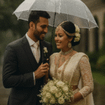 Wedding Photography In Rainy Weather | A Sri Lankan bride and groom stand closely together under a clear umbrella during light rain. The groom, dressed in a dark suit with a cream tie, smiles warmly at the bride. The bride wears an elegant traditional Kandyan-style ivory saree with gold jewellery, fresh white flowers in her hair, and holds a bouquet of white roses. Soft rainfall, greenery, and a blurred architectural backdrop create a romantic, cinematic atmosphere.