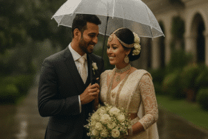 Wedding Photography In Rainy Weather | A Sri Lankan bride and groom stand closely together under a clear umbrella during light rain. The groom, dressed in a dark suit with a cream tie, smiles warmly at the bride. The bride wears an elegant traditional Kandyan-style ivory saree with gold jewellery, fresh white flowers in her hair, and holds a bouquet of white roses. Soft rainfall, greenery, and a blurred architectural backdrop create a romantic, cinematic atmosphere.