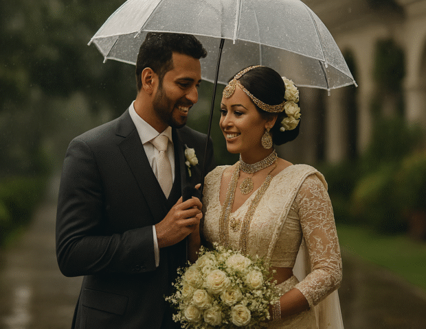 Wedding Photography In Rainy Weather | A Sri Lankan bride and groom stand closely together under a clear umbrella during light rain. The groom, dressed in a dark suit with a cream tie, smiles warmly at the bride. The bride wears an elegant traditional Kandyan-style ivory saree with gold jewellery, fresh white flowers in her hair, and holds a bouquet of white roses. Soft rainfall, greenery, and a blurred architectural backdrop create a romantic, cinematic atmosphere.