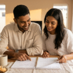 getting married | Young Sri Lankan bride and groom seated at a wooden dining table, smiling as they review an upside-down wedding planner together in a sunlit modern home, planning their 2026 wedding.