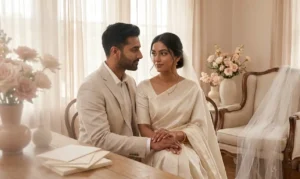 concerns | A serene, editorial-style photograph of a South Asian bride and groom sitting intimately in a sunlit room. The bride wears a minimalist ivory silk saree with delicate gold jewelry, while the groom is in a light beige tailored suit. They are holding hands and looking at each other with quiet, thoughtful expressions. The background features soft-focus details: a draped white veil on a vintage armchair, pastel floral arrangements, and wedding invitations on a wooden table, all bathed in soft, natural light.