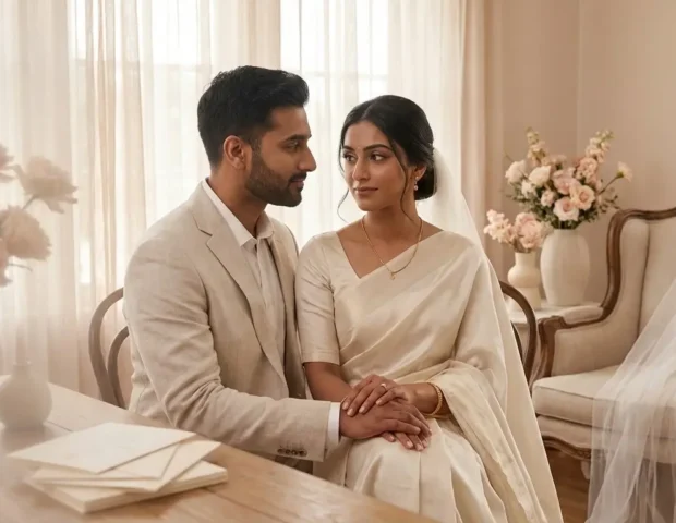 concerns | A serene, editorial-style photograph of a South Asian bride and groom sitting intimately in a sunlit room. The bride wears a minimalist ivory silk saree with delicate gold jewelry, while the groom is in a light beige tailored suit. They are holding hands and looking at each other with quiet, thoughtful expressions. The background features soft-focus details: a draped white veil on a vintage armchair, pastel floral arrangements, and wedding invitations on a wooden table, all bathed in soft, natural light.